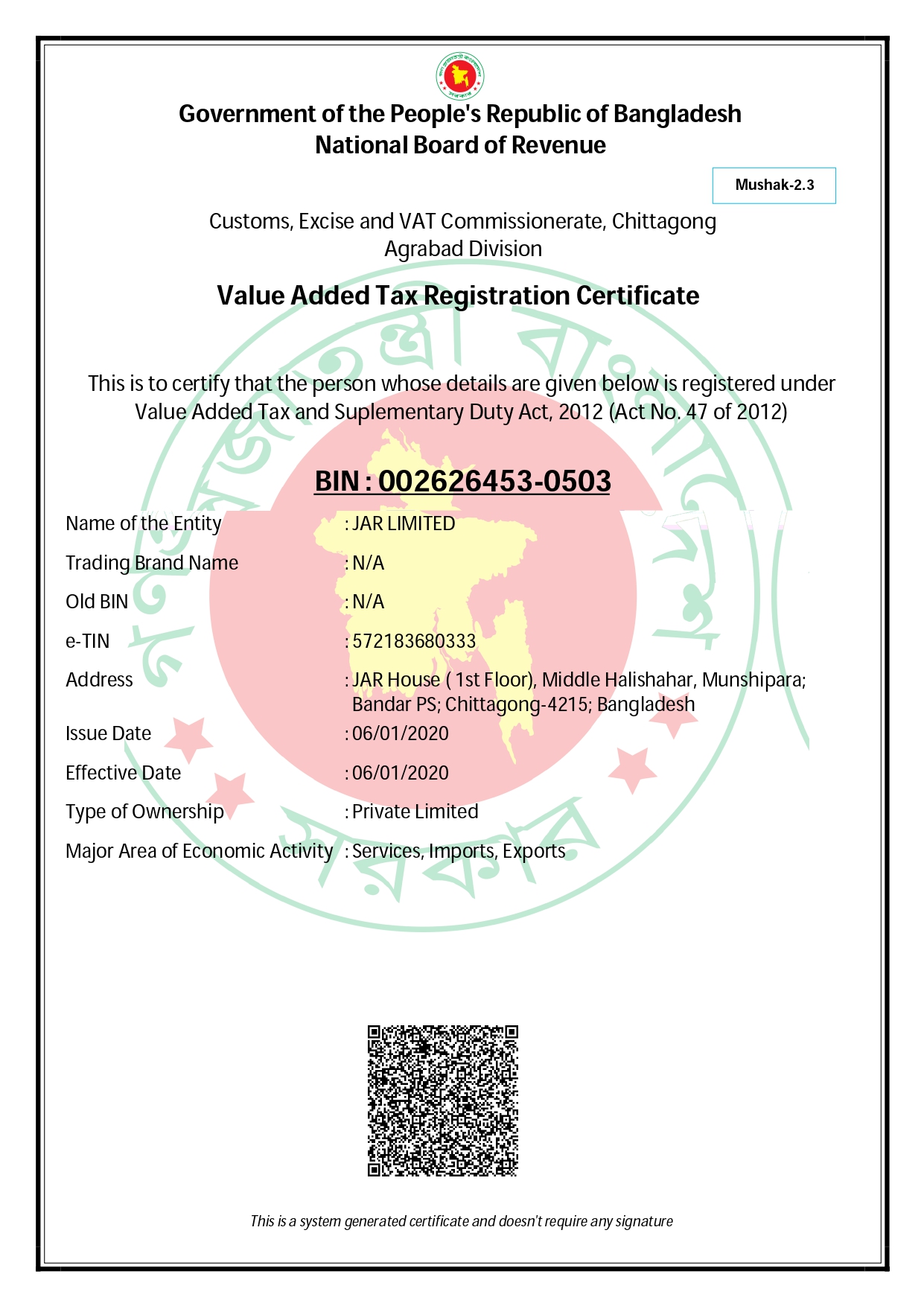 BIN Certificate